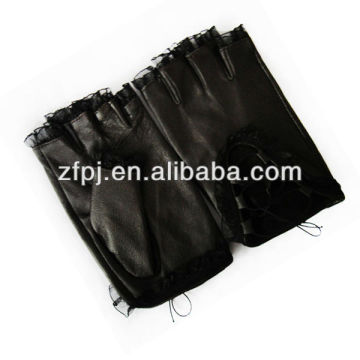 Lace design summer black leather fingerless gloves women